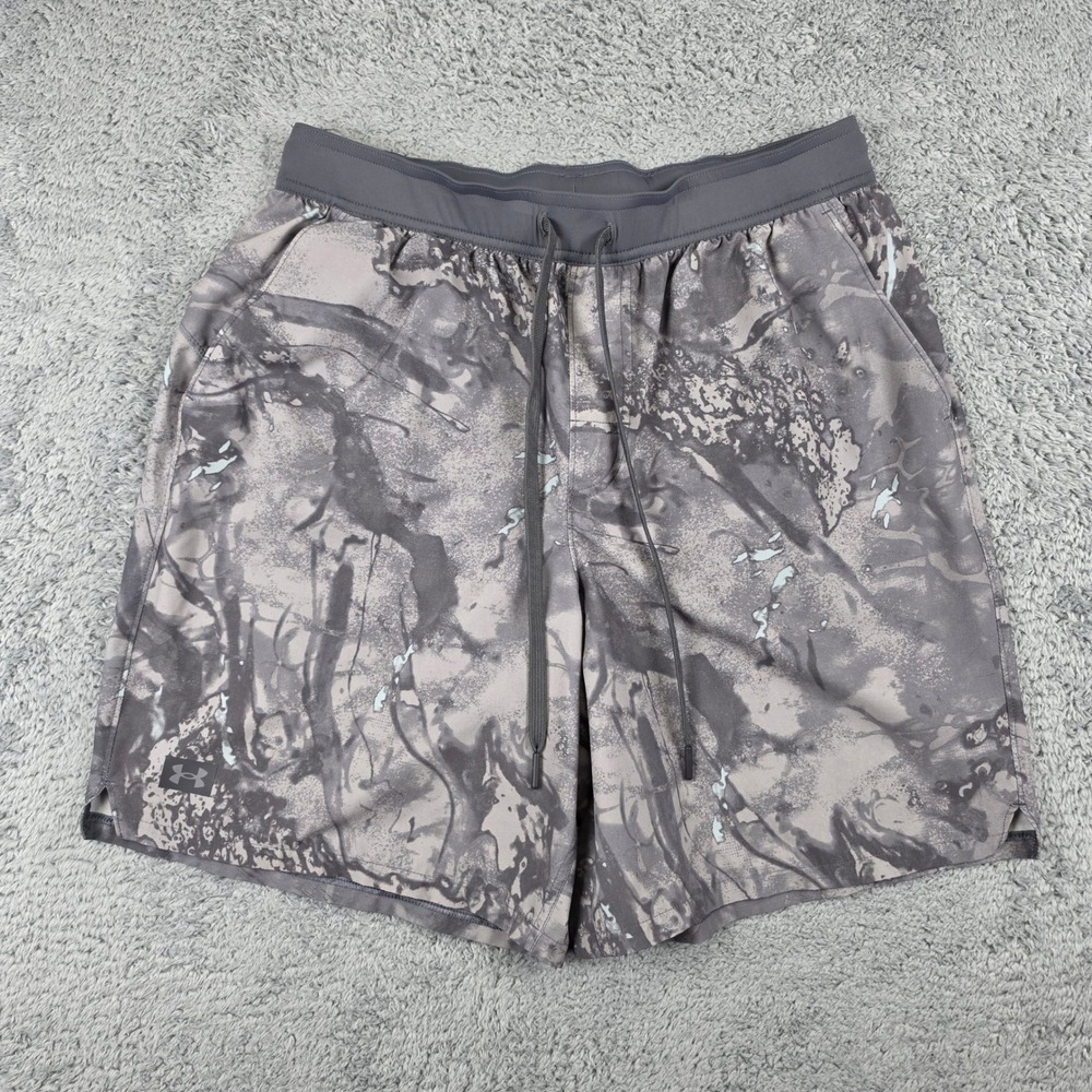 Under Armour Camo Shorts Mens Large Grey Green Loose Fit 7" Performance Training
